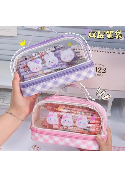 Sarı Stil Kawaii Çift Katmanlar Kalem Kutusu Kalem Çantası Büyük Kapasiteli Pu + Pvc Sevimli Kırtasiye Okul Malzemeleri Doğum Günü Tatil Hediyesi (Yurt Dışından) fırsatları