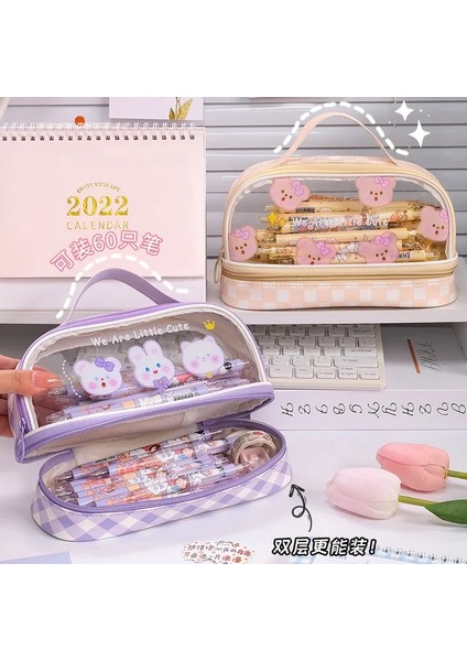 Sarı Stil Kawaii Çift Katmanlar Kalem Kutusu Kalem Çantası Büyük Kapasiteli Pu + Pvc Sevimli Kırtasiye Okul Malzemeleri Doğum Günü Tatil Hediyesi (Yurt Dışından) indirimleri