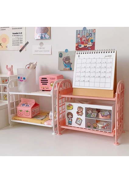 Beyaz Stil Sevimli 2 Katmanlı Kozmetik Fırça Kalem Depolama Rafı Basit Masaüstü Kırtasiye Organizatör Raf Basit Dıy Katlanır El Yapımı Raf (Yurt Dışından) fırsatları