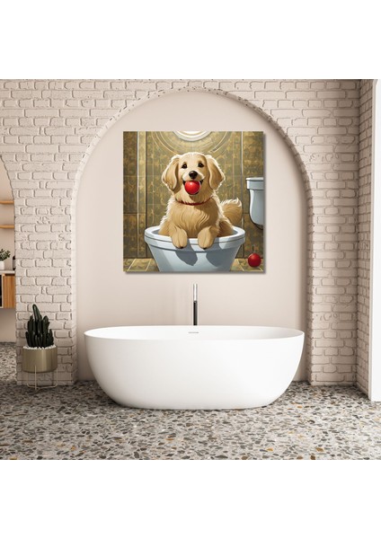 Tekli Kare Kanvas Banyo Tablosu Topla Oynayan Golden Köpek