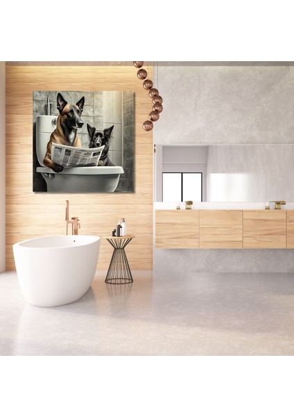 Tekli Kare Kanvas Banyo Tablosu Gazete Okuyan Belçika Kurt Köpeği
