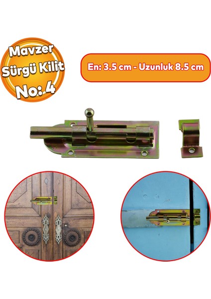 Mavzer Sürgü No:4 Kilit Kadmiyum 35X85 mm Kapı Pencere Emniyet Mandalı Kilidi