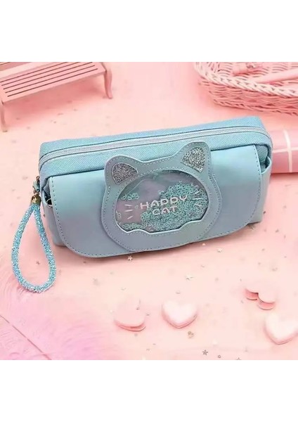 Mavi Stil Kedi Kalem Kutusu Sevimli Kalem Çantası Üç Kat Büyük Kalem Kutusu Kızlar Kawaii Kırtasiye Çantası Karikatür Hayvanlar Kalem Çantası Öğrenci (Yurt Dışından)