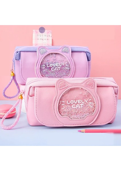 Mavi Stil Kedi Kalem Kutusu Sevimli Kalem Çantası Üç Kat Büyük Kalem Kutusu Kızlar Kawaii Kırtasiye Çantası Karikatür Hayvanlar Kalem Çantası Öğrenci (Yurt Dışından) indirimleri