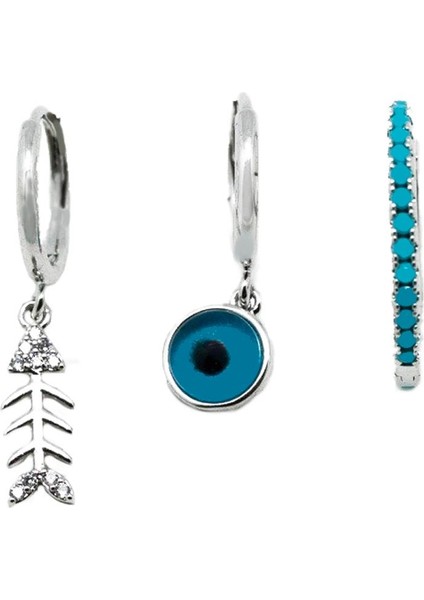 Gümüş Renkli Balık ve Nazar Boncuk Detaylı Zirkon Taşlı Zarif 3lü Küpe Seti