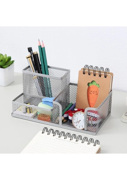 Gümüş Tarzı Şık Izgara Örgü Kalem Tutucu Masası Için 3 Bölmeli Kalemlik Organizatör Kalem Fincan Kırtasiye Organizatör Ofis Için (Yurt Dışından)