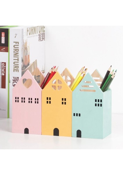 R Stili 2023 Yeni Varış Kawaii Ev Şekli Ahşap Kalemlik Masa Düzenleyici Saklama Kutusu Okul Ofis Aksesuarları Kırtasiye Basit Ahşap (Yurt Dışından)