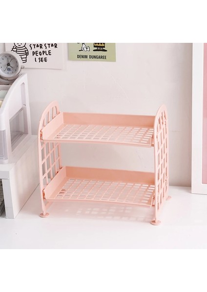OSS23129PK Stili Kawaii Katı Çift Katmanlar Masa Düzenleyici Masaüstü Depolama Rafı Öğrenci Yurdu Katlanır Içi Boş Raf Cilt Bakımı Depolama Rafı (Yurt Dışından)