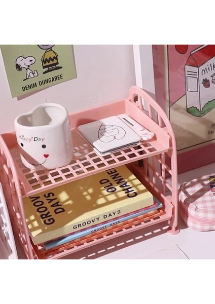 OSS23129PK Stili Kawaii Katı Çift Katmanlar Masa Düzenleyici Masaüstü Depolama Rafı Öğrenci Yurdu Katlanır Içi Boş Raf Cilt Bakımı Depolama Rafı (Yurt Dışından) modelleri