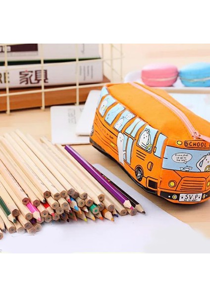 Sarı Stil Kalem Kutusu Öğrenci Kırtasiye Küçük Hayvan Otobüs Erkek ve Kadın Kanvas Kırtasiye Kutusu (Yurt Dışından) fırsatları