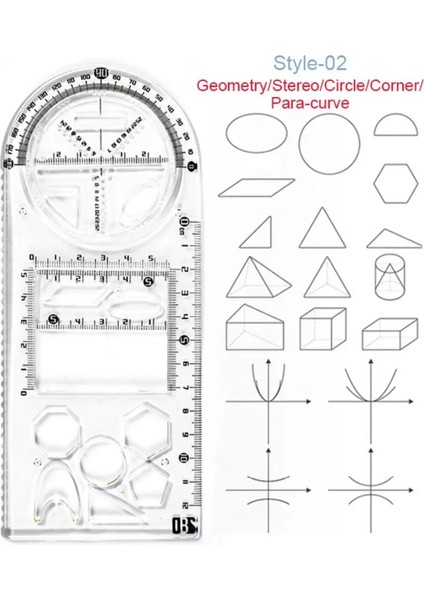Stil-02 Stili Çok Fonksiyonlu Geometrik Cetvel Geometrik Çizim Şablonu Okul Öğrenci Ofis Mimarisi Için Ölçme Aracı Ölçme Kuralı (Yurt Dışından)