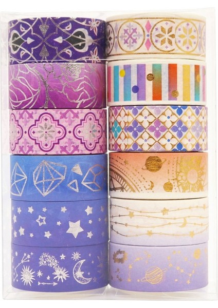 12 Rulo Set Stili 12 Rulo Altın Folyo Washi Bant Seti Yıldız Galaxy Maskeleme Bandı Kawaii Dekoratif Yapışkan Bant Sticker Karalama Defteri Günlüğü Kırtasiye (Yurt Dışından)