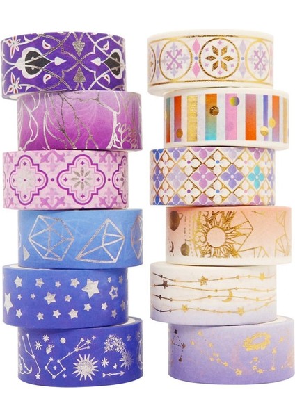 12 Rulo Set Stili 12 Rulo Altın Folyo Washi Bant Seti Yıldız Galaxy Maskeleme Bandı Kawaii Dekoratif Yapışkan Bant Sticker Karalama Defteri Günlüğü Kırtasiye (Yurt Dışından)