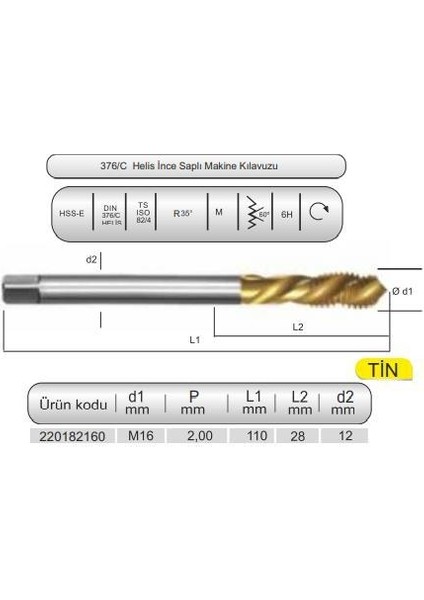 Hsse DIN376/C 35° Helis M16X2,0 (6h) Tin