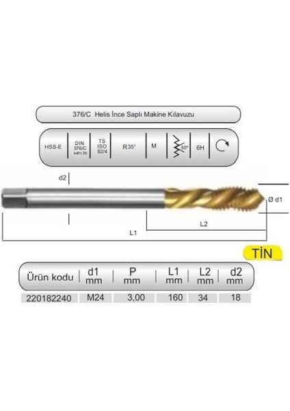 Hsse DIN376/C 35° Helis M24X3,0 (6h) Tin