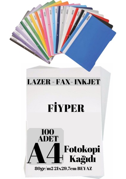 A4 Fotokopi Kağıdı 100'lü ve Renkli Telli Dosya Seti