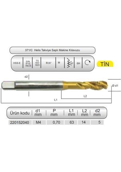 Hsse DIN371/C 35° Helis M4X0,7 (6h) Tin
