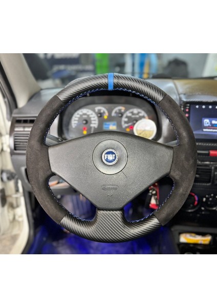 Fiat Albea Tam Uyumlu Direksiyon Kılıfı (Alcantra Karbon Mavi Yüzüklü)