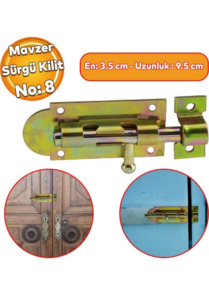 Mavzer Sürgü No:8 Kilit Kadmiyum 35X95 mm Kapı Pencere Emniyet Mandalı Kilidi