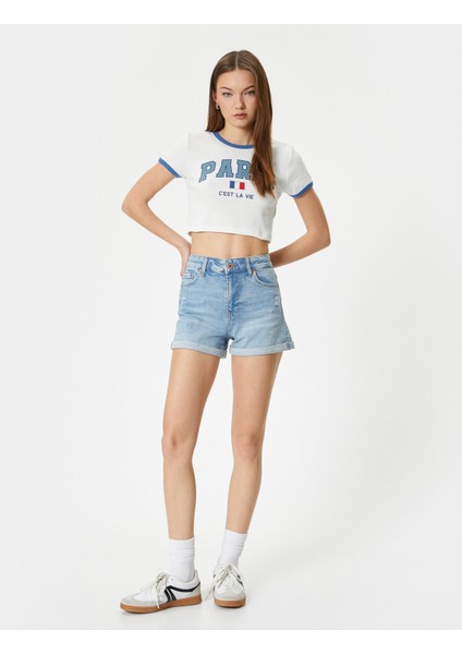 Kot Şort Mini Paçaları Katlamalı Cepli Standart Bel Slim Fit