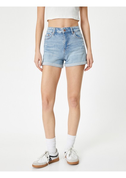 Kot Şort Mini Paçaları Katlamalı Cepli Standart Bel Slim Fit