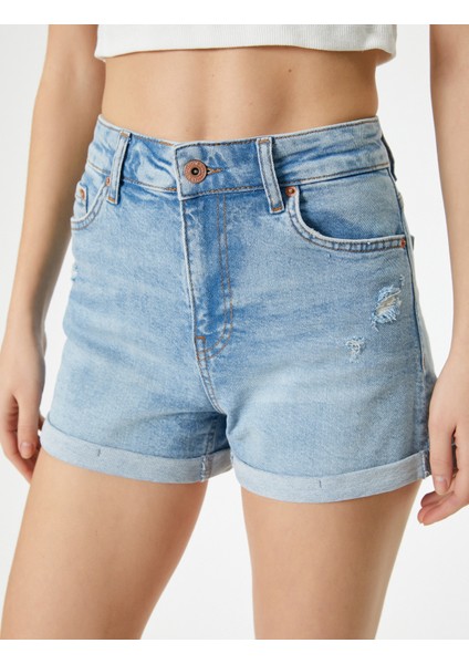 Kot Şort Mini Paçaları Katlamalı Cepli Standart Bel Slim Fit
