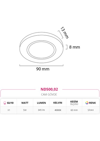 Sıva Altı Cam Spot Siyah ND500 fiyatları