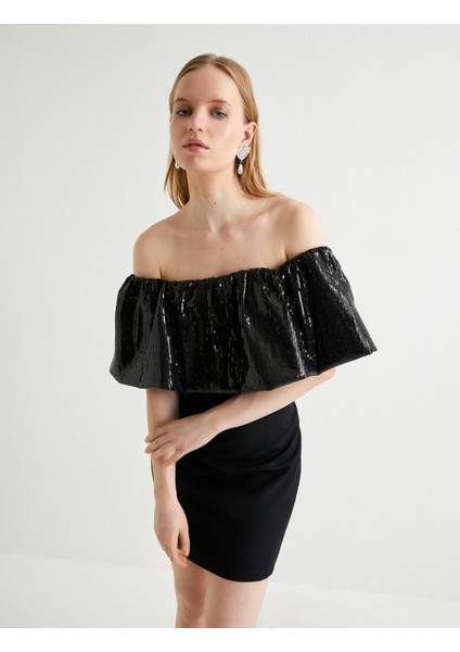 Pullu Payetli Abiye Elbise Omzu Açık Mini Boy Slim Fit