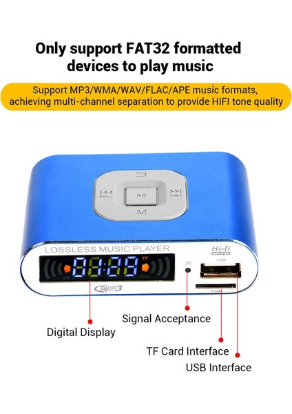 Bluetooth 5.0 Ses Alıcısı, Mp3 Dijital Müzik Çalar, Fm Radyo, Sd Kart/usb Oynatma 3,5 mm Ses Çıkışı (Mavi) (Yurt Dışından)