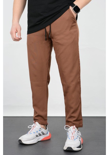 Erkek Slim Fit Beli Lastikli Double Paça Jogger Pantolon Kahverengi EDW073