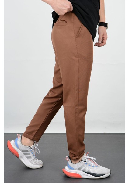 Erkek Slim Fit Beli Lastikli Double Paça Jogger Pantolon Kahverengi EDW073