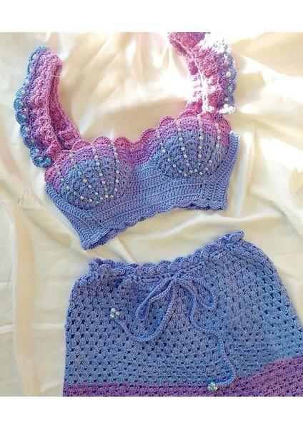 El Örgüsü Kadın Pembe Büstiyer Etek 2'li Takım