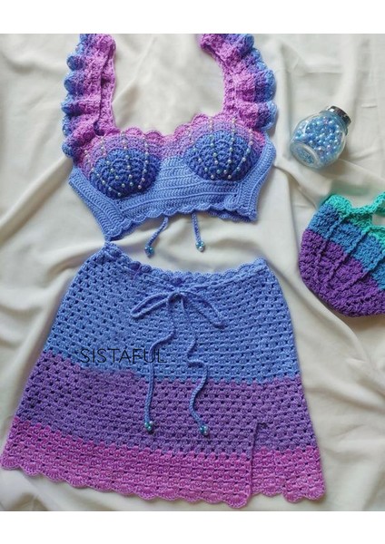 El Örgüsü Kadın Pembe Büstiyer Etek 2'li Takım modelleri