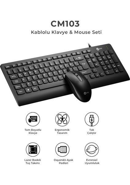 CM103 USB Kablolu Türkçe Q Klavye & Mouse Set Siyah