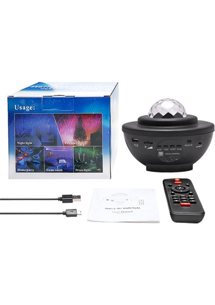 Yıldız Projeksiyon Lambası USB Bluetooth Müzik Atmosfer Lambası Gypsophila Tam Renkli Su Desen LED Gece Lambası, Siyah (Yurt Dışından)
