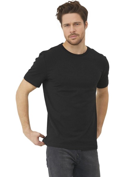 Erkek Slim Fit Dar Kalıp %100 Pamuk Bisiklet Yaka T-Shirt Siyah EDW039