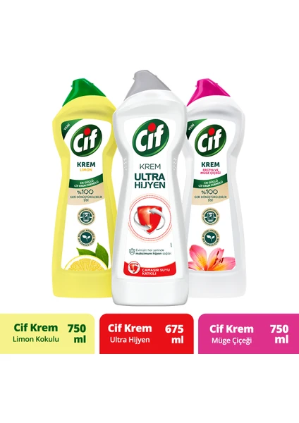 Krem Yüzey Temizleyici Frezya ve Müge Çiçeği 750ml+Limon Kokulu 750ml+ Ulrta Hijyen 675ml