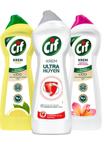 Krem Yüzey Temizleyici Frezya ve Müge Çiçeği 750ml+Limon Kokulu 750ml+ Ulrta Hijyen 675ml