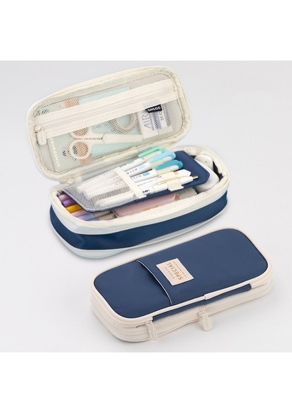 Angoo Macaron Çift Katmanlı Geri Çekilebilir Büyük Kapasiteli Kalem Kutusu Kırtasiye Kutusu Koyu Mavi (Yurt Dışından)