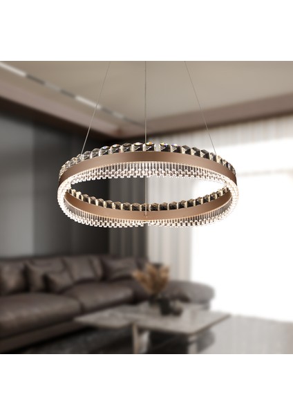 Hazela Kahve Eskitme Kaplamalı Yuvarlak 143 Watt LED Sarkıt Salon 3 Renk Ledli Modern Tasarım Avize