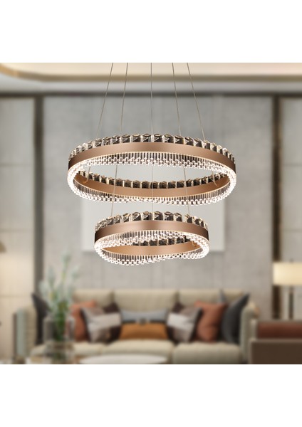 Hazel 2 Katlı Kahve Eskitme Kaplamalı Yuvarlak 300 Watt LED Sarkıt Salon 3 Renk Ledli Modern Tasarım Avize