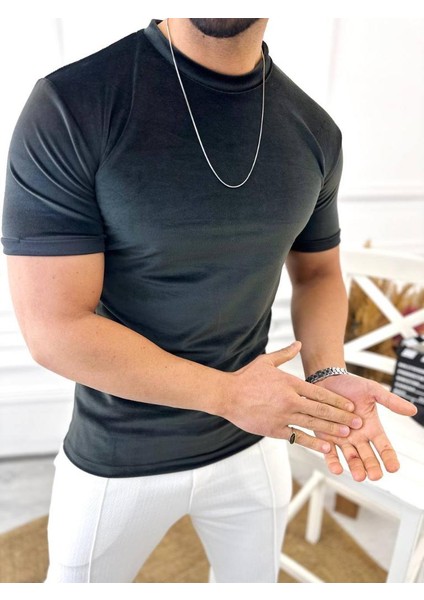T-Shirt Slim Fit T-Shirt Dar Kesim Kadife T-Shirt