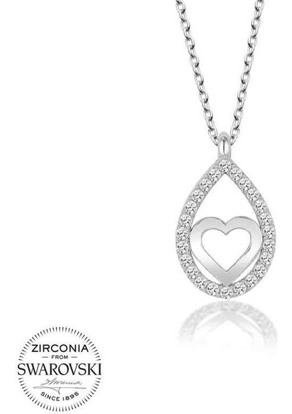 Swarovski Taşlı Gümüş Damla Kalp Bayan Kolye