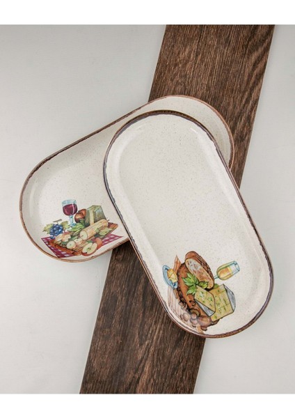 Retro Wine & Cheese 2 Adet Porselen Kayık Tabak