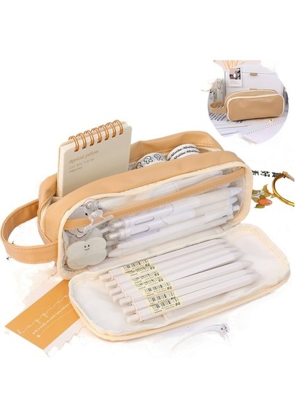 Hss Süt Tuzu Çift Katmanlı Şeffaf Kalem Çantası Ins Japon Büyük Kapasiteli Ortaokul Öğrencileri Yüksek Değerli Depolama Kalem Kırtasiye Kutusu -Kahve (Yurt Dışından)