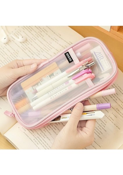 Fermuarlı Izgara Örgü Kalem Kalem Kutusu Şeffaf Makyaj Renkli Kılıfı Kozmetik Çantası Okul Genç Kız Şeffaf Kırtasiye Çantası Ofis Düzenleyici Kutusu-Pembe (Yurt Dışından) modelleri