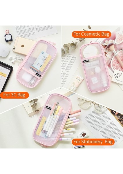 Fermuarlı Izgara Örgü Kalem Kalem Kutusu Şeffaf Makyaj Renkli Kılıfı Kozmetik Çantası Okul Genç Kız Şeffaf Kırtasiye Çantası Ofis Düzenleyici Kutusu-Pembe (Yurt Dışından) indirimleri