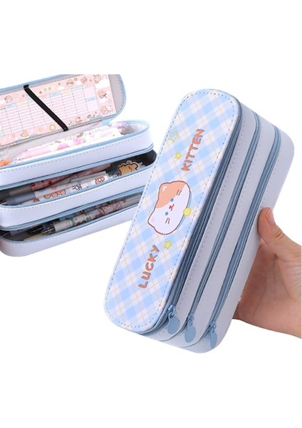 Ww Büyük Kapasiteli Taşınabilir Üç Katmanlı Kalem Çantası-Mavi (Yurt Dışından)