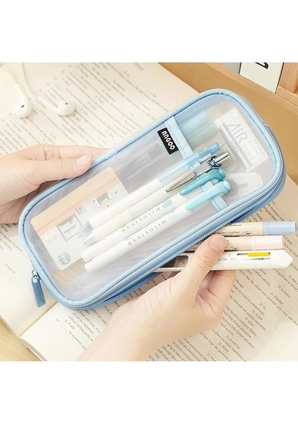 Fermuarlı Izgara Örgü Kalem Kalem Kutusu Şeffaf Makyaj Renkli Kılıfı Kozmetik Çantası Okul Genç Kız Şeffaf Kırtasiye Çantası Ofis Düzenleyici Kutusu-Mavi (Yurt Dışından) fiyatları