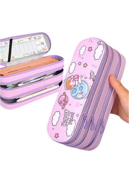 Ww Büyük Kapasiteli Taşınabilir Üç Katmanlı Kalem Çantası-Mor Mavi (Yurt Dışından)